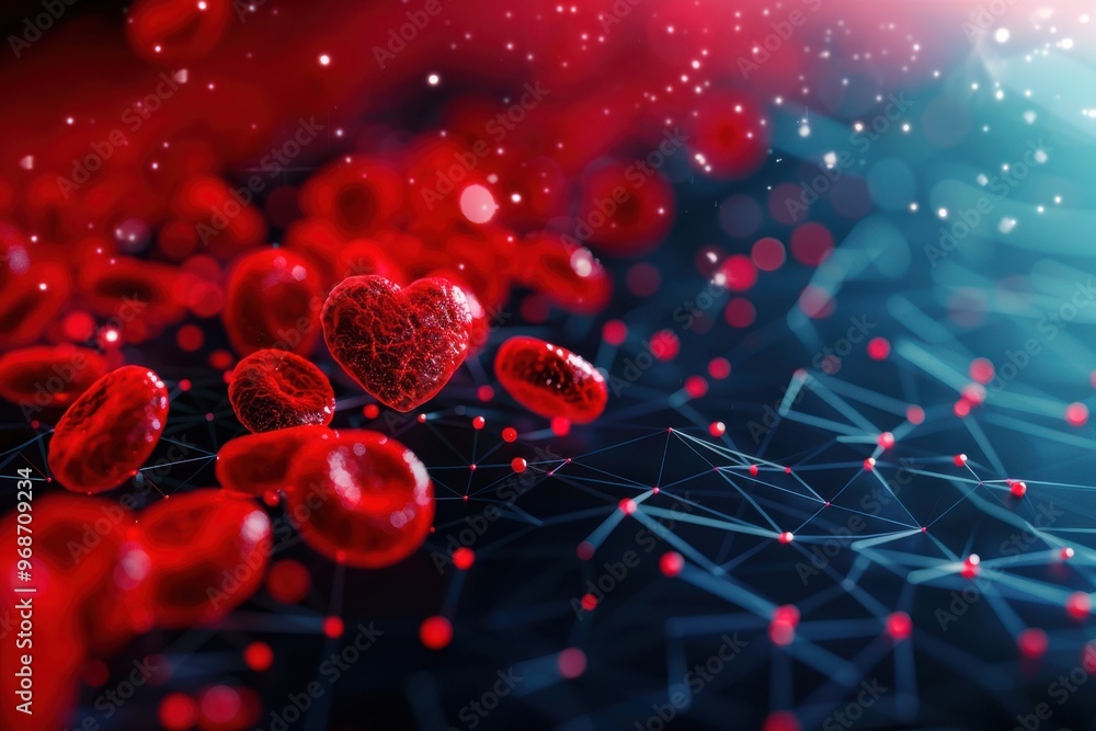 An abstract representation of love and health, featuring vibrant red hearts and blood cells against a futuristic backdrop. An abstract representation of love and health, featuring vibrant red hearts and blood cells against a futuristic backdrop.
