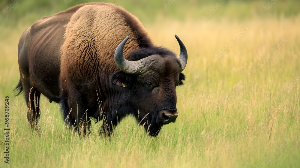 Majestic Bison Herd Grazing in Prairie Landscape Majestic Bison Herd Grazing in Prairie Landscape