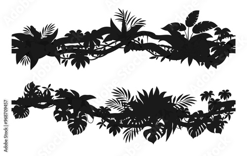 Jungle tropical forest liana branch silhouettes of tropical ivy vine, vector icons. Tropical rainforest jungle liana leaves and creeper bindweed tree with climbing tendrils silhouette for frame border