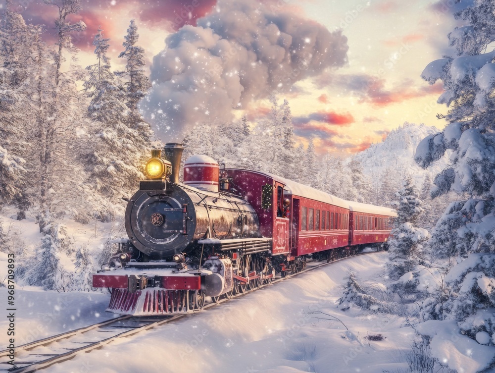 Steam Train Traversing a Snowy Winter Forest Steam Train Traversing a Snowy Winter Forest