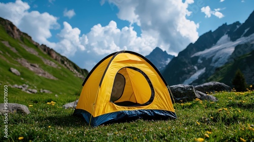 A vibrant yellow camping tent set in a lush green meadow, surrounded by stunning mountain scenery under a blue sky.