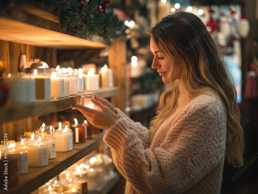 Woman Shopping for Scented Candles in a Cozy Store Woman Shopping for Scented Candles in a Cozy Store