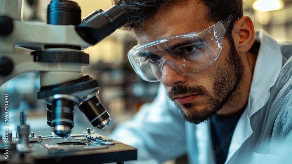 A man wearing a lab coat and safety goggles is looking through a microscope A man wearing a lab coat and safety goggles is looking through a microscope