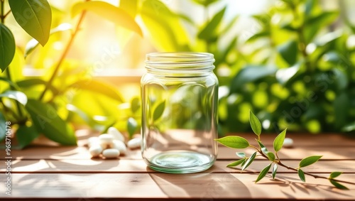 Empty Glass Jar with Green Leaves on Wooen Table photo