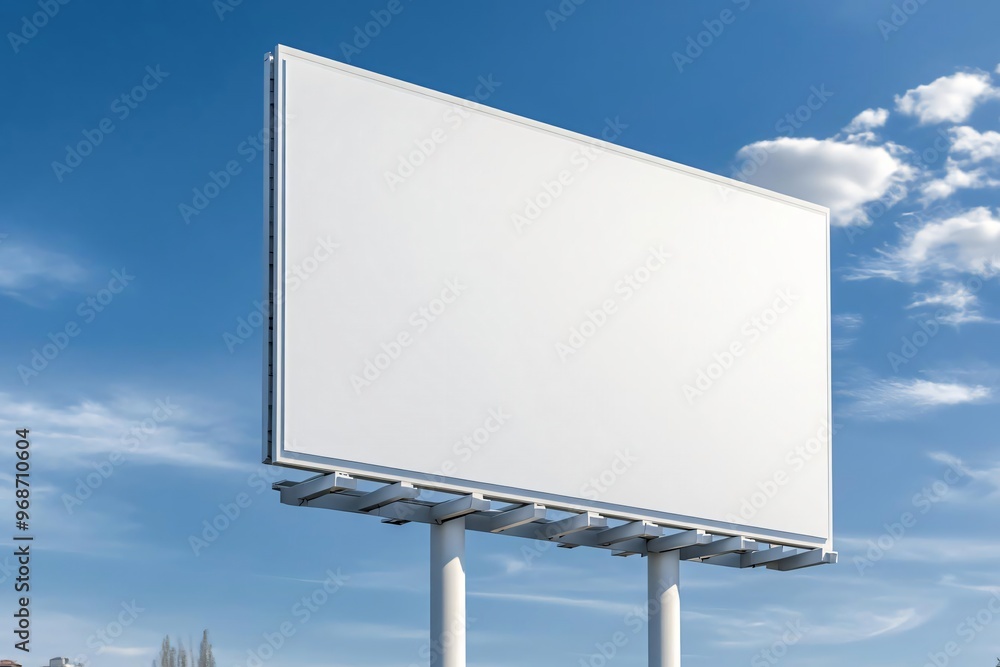 Obraz premium Empty advertising billboard against a clear blue sky, perfect for marketing and promotional content.