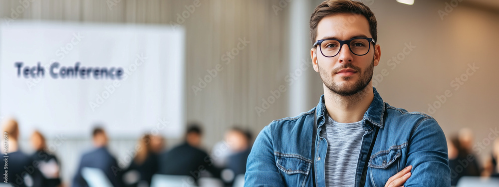 A confident young man with glasses and facial hair stands with arms crossed at a tech conference, in front of a blurred background of attendees and a conference banner. A confident young man with glasses and facial hair stands with arms crossed at a tech conference, in front of a blurred background of attendees and a conference banner.