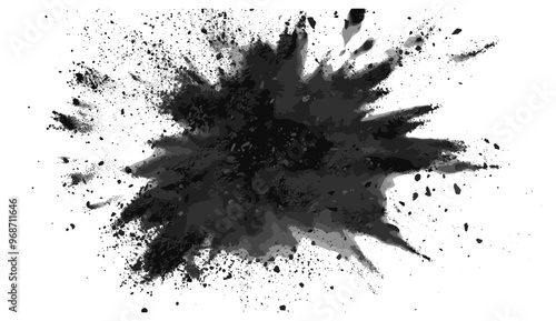 Charcoal powder explosion background, black coal dust particles exhale in the air, black explosive smoke splatter on white background, black dust cloud explosion, charcoal dust cloud in the air.