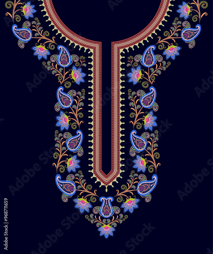 Embroidery neck design with floral paisley patterns and vine scroll motifs on a navy background. Symmetrical digital surface pattern design. Suitable for Indian kurta, kaftan, and dashiki shirts.