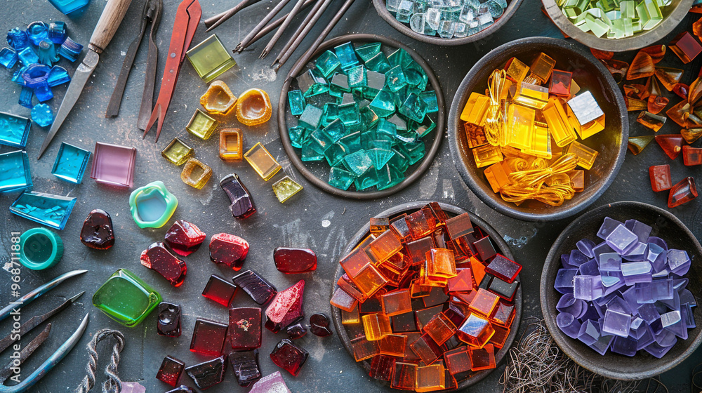 Fototapeta premium An overhead view of a crafting table with materials for making a DIY suncatcher, including translucent colored glass pieces, metal wire, and pliers.