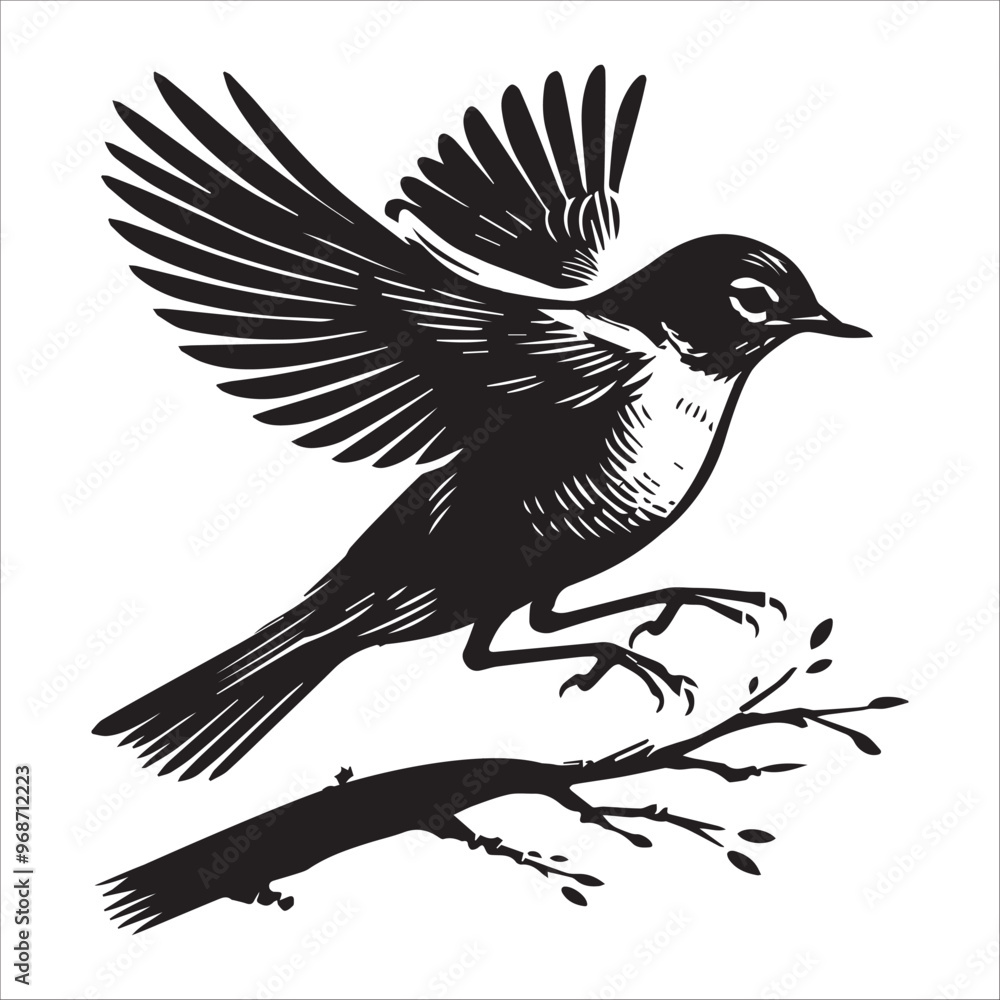 Fototapeta premium American Robin Silhouette Clipart - American Robin Bird Vector Illustration in black and white