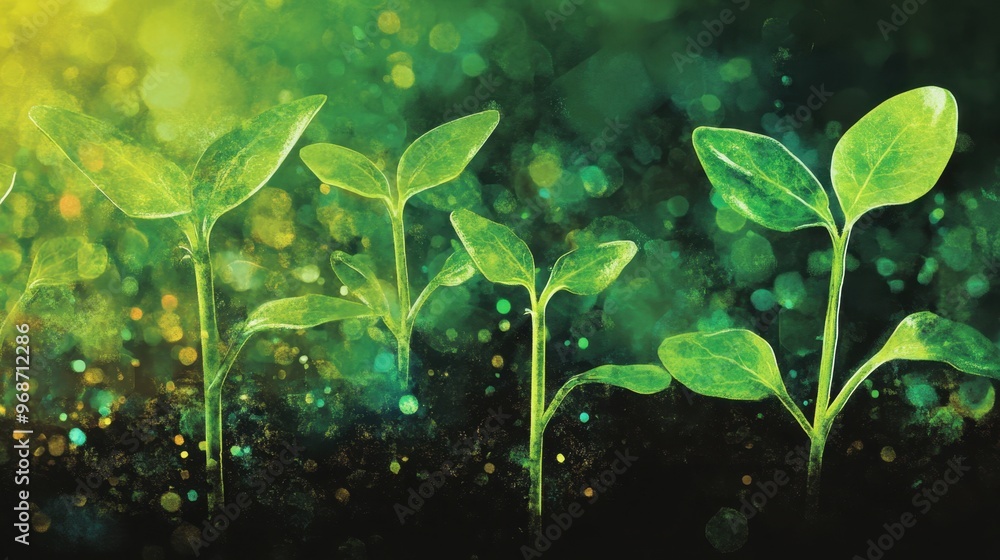 Abstract illustration of genome-engineered plant seedlings with vitamin-enriched leaves, representing breakthroughs in plant biotechnology. Abstract illustration of genome-engineered plant seedlings with vitamin-enriched leaves, representing breakthroughs in plant biotechnology.