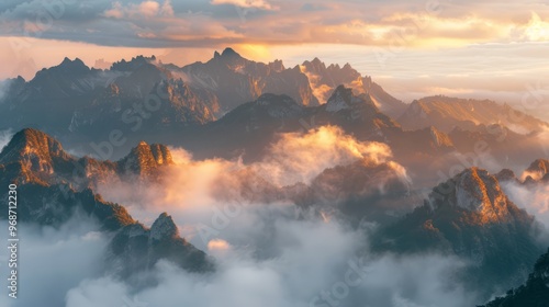 golden hour on a foggy mountain ridge, with the sunlight illuminating the peaks and creating a majestic and peaceful atmosphere, with copy space for text