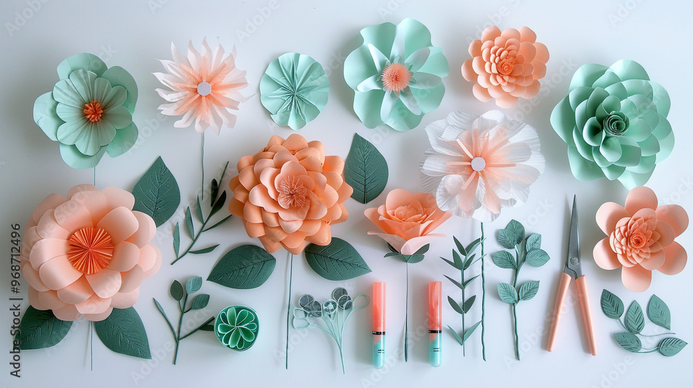 Fototapeta premium A carefully arranged flat lay of paper flowers in soft pastel colors, each flower neatly placed alongside extra sheets of paper, scissors, and glue sticks, all presented on a clean white background.