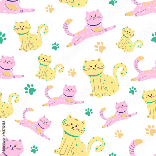 Vector pattern with the image of yellow and pink fairy cats