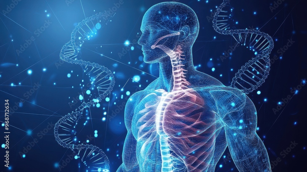 Abstract vector of the human body with digital muscle structure and a 3D DNA helix, symbolizing medical technology and health innovation. Abstract vector of the human body with digital muscle structure and a 3D DNA helix, symbolizing medical technology and health innovation.