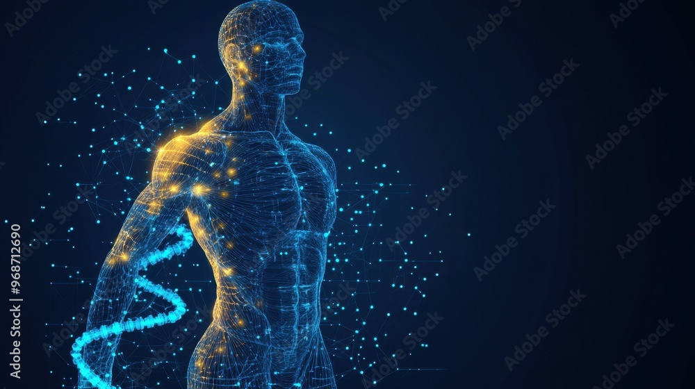 Abstract vector of the human body with digital muscle structure and a 3D DNA helix, symbolizing medical technology and health innovation. Abstract vector of the human body with digital muscle structure and a 3D DNA helix, symbolizing medical technology and health innovation.