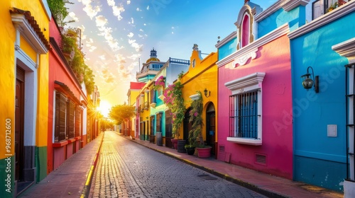 urban street lined with colorful buildings, bathed in golden hour light, with the setting sun casting a warm glow on the facades and creating a vibrant, lively scene, with ample copy space for text