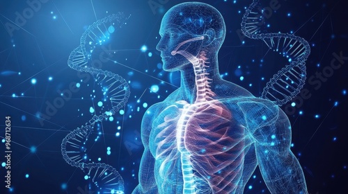 Abstract vector of the human body with digital muscle structure and a 3D DNA helix, symbolizing medical technology and health innovation.