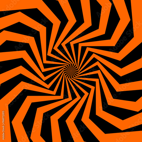 Psychedelic Halloween spiral pattern in vibrant black and orange colors. Bold vector swirl, intense, dynamic spooky and trippy motion optical illusion effect with twisting lines and geometric shapes