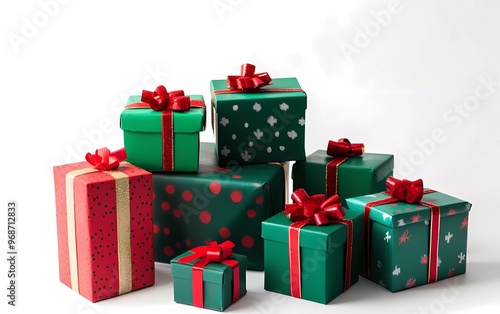 Different green and red Christmas gift boxes stacked on white background 