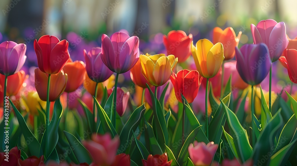 a vibrant garden of tulips, with rows of colorful tulips in different stages of bloom, each flower rendered with realistic shading and highlights a vibrant garden of tulips, with rows of colorful tulips in different stages of bloom, each flower rendered with realistic shading and highlights
