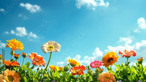 a vibrant summer garden with blooming flowers and greenery, set against a backdrop of a bright blue sky and a few fluffy clouds, with copy space for text