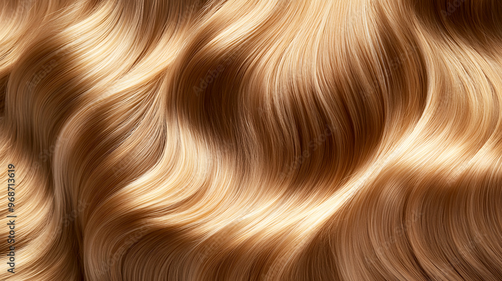 close-up of her hair with smooth, shiny waves in a warm, sun-kissed blonde, each wave reflecting the light with a soft, radiant glow close-up of her hair with smooth, shiny waves in a warm, sun-kissed blonde, each wave reflecting the light with a soft, radiant glow