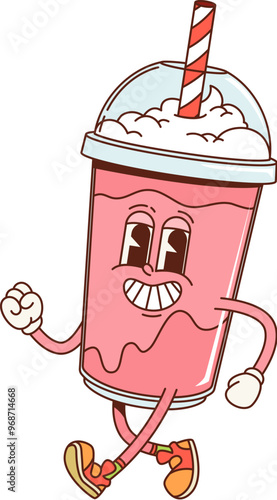 Retro groovy strawberry milkshake dessert character with a red straw. Isolated cartoon vector Cheerful cup personage with a dome lid and whipped cream wearing sneakers, and running with a big smile