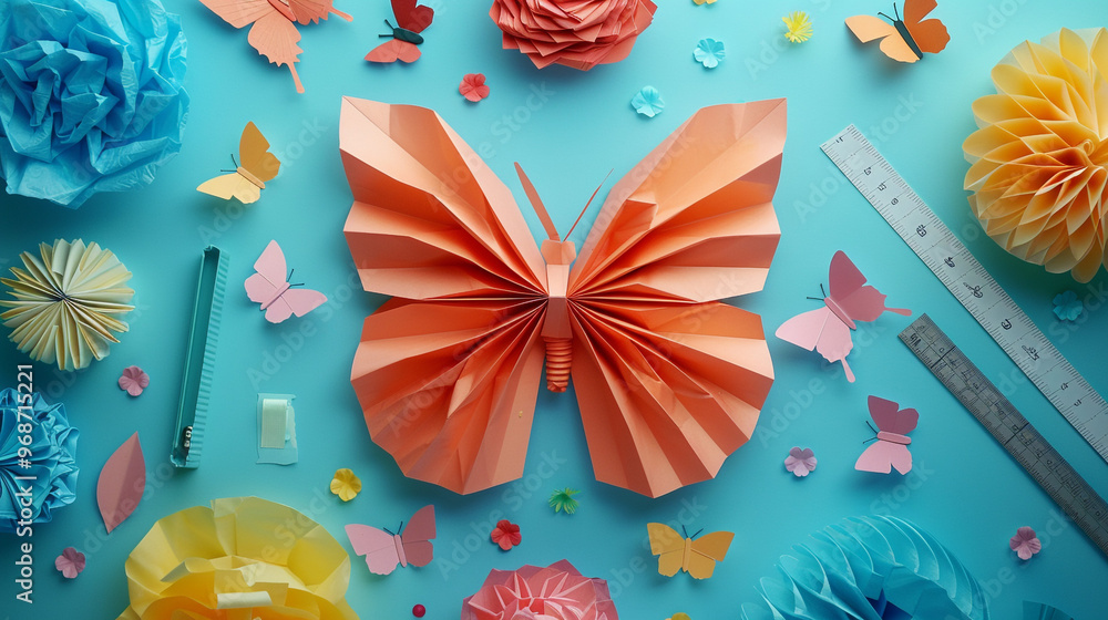Fototapeta premium A flat lay of a completed 3D tissue paper butterfly, with intricately folded wings creating a lifelike effect, 