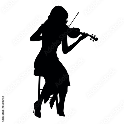 a black silhouette of a woman playing the violin. She is sitting on a stool and is holding the bow with both hands