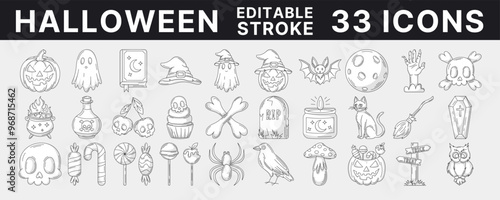 Halloween monochrome black line icons set, vector illustration, editable stroke and color. October scary, spooky collection. Pumpkin, sweets, ghost, spell book, witch hat, skull and bones, zombie hand