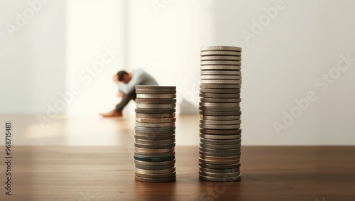 Stacks of Coins on Wooen Table with Person Sitt in Backgroun photo