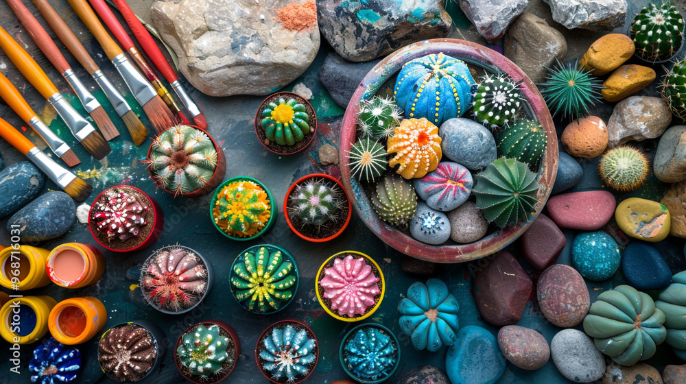 A flat lay of a DIY painted rock cactus garden, featuring rocks painted to look like various cacti in a small pot A flat lay of a DIY painted rock cactus garden, featuring rocks painted to look like various cacti in a small pot