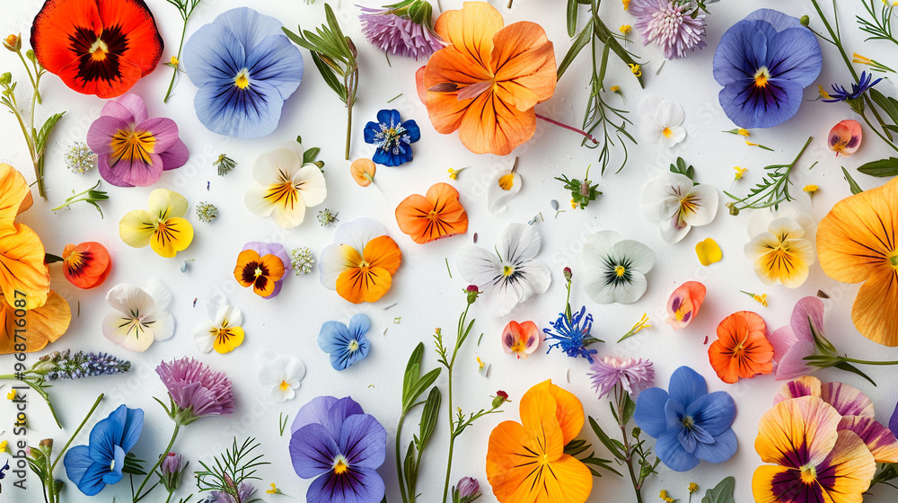 A flat lay of a DIY pressed flower bookmark, with vibrant flowers embedded in clear laminate, surrounded by extra flowers, scissors, and ribbon, all neatly arranged on a white background. A flat lay of a DIY pressed flower bookmark, with vibrant flowers embedded in clear laminate, surrounded by extra flowers, scissors, and ribbon, all neatly arranged on a white background.