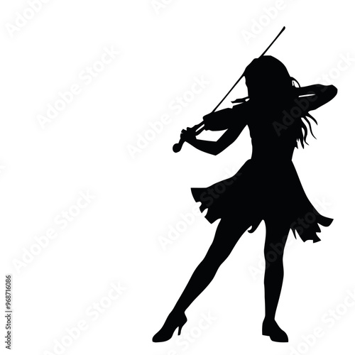 a black silhouette of a woman playing the violin. She is sitting on a stool and is holding the bow with both hands