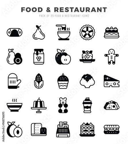 Collection of Food and Restaurant 25 Lineal Filled Icons Pack.