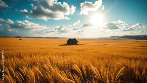 Golen Wheat Fiel with Cabin an Blue Sky photo