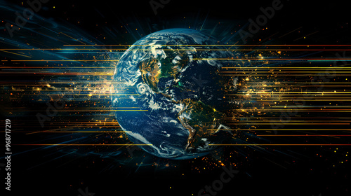 Digital Chaos - Global Data Streams and Glitch Effects on Dark Background with Copy Space