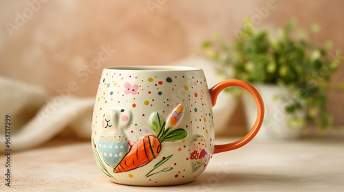 Wallpaper Mural A mug featuring hand-painted Easter eggs with patterns and a smiling bunny holding a carrot, isolated on a light peach background. Torontodigital.ca