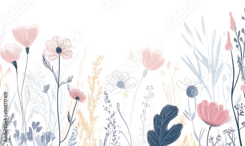 2D illustrator doodle-style floral and leaf graphics on a white background or wallpaper