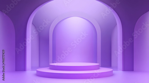 Elegant purple and white podium in a stylish interior with a mirror