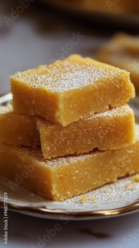 Delicious golden fudge stacked on a plate, dusted with powdered sugar. Perfect treat for any occasion, rich and satisfying.