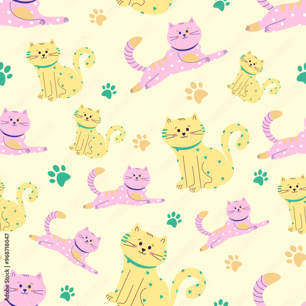 Vector pattern with yellow and pink fairy cats on a yellow background Vector pattern with yellow and pink fairy cats on a yellow background