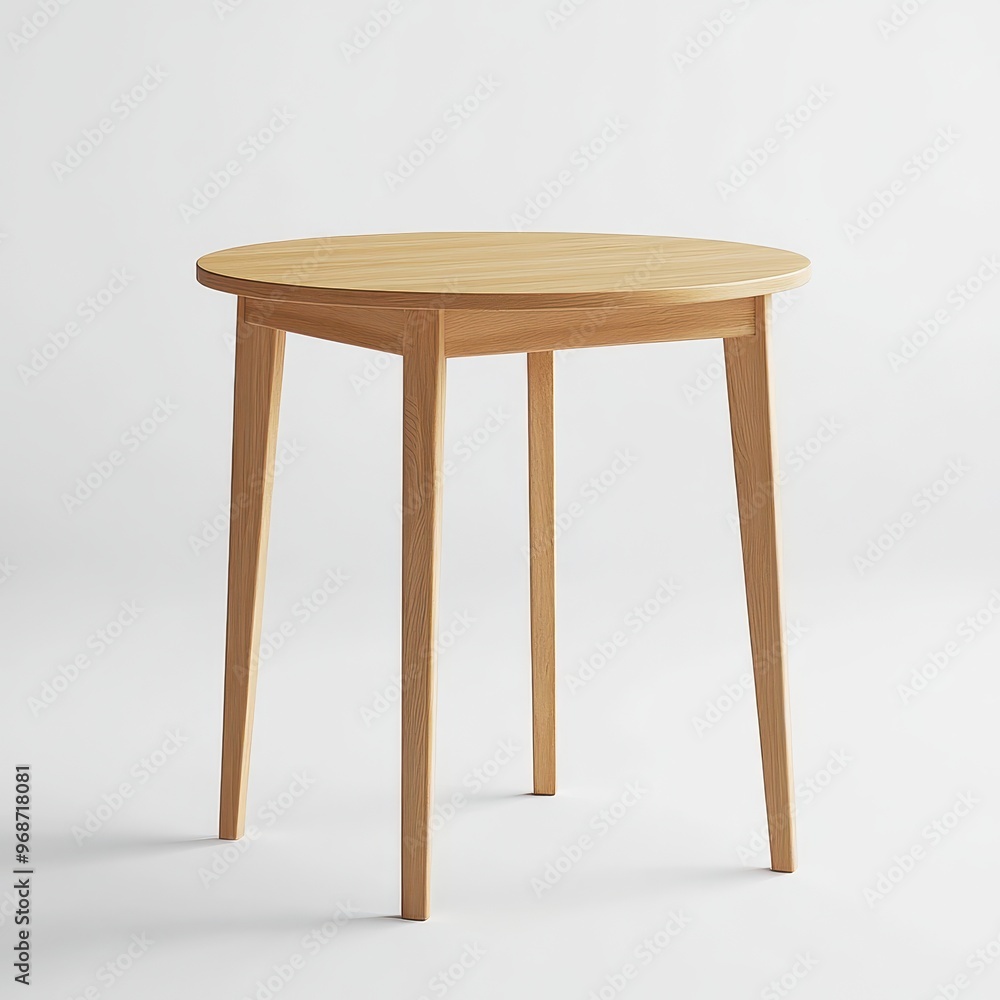 A simple round wooden table with four legs, suitable for various settings. A simple round wooden table with four legs, suitable for various settings.