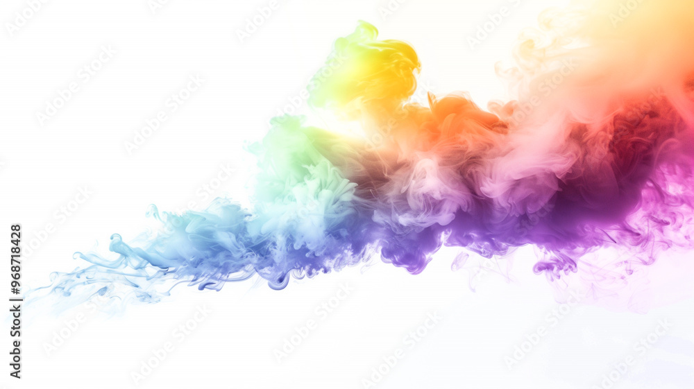 Fototapeta premium Colorful powder explosion cloud, rainbow vibrant color splash, paint holi dust, multicolor particles, isolated white background