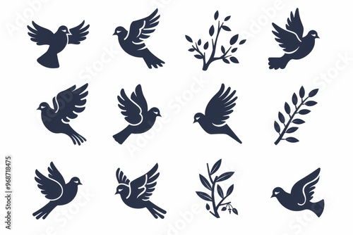 Peace dove graffiti, pigeons, twigs ink illustration. Flying birds silhouettes monochrome flat icons