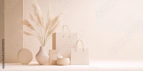 Elegant Minimalist Display with Neutral Tones and Pampas Grass Decor for Modern Branding