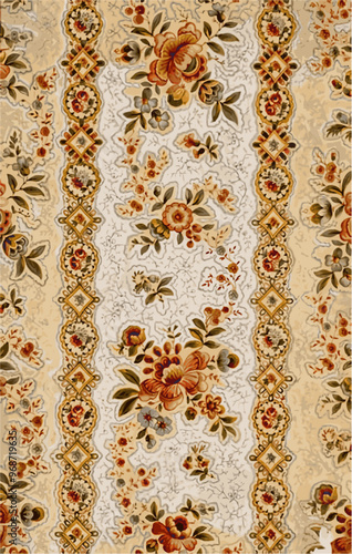 Vintage textile pattern featuring alternating bands of floral designs and geometric patterns on a cream background.