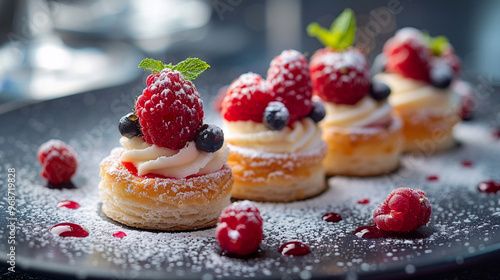 A dessert plate featuring a trio of mini pastries, each with a different flavor and garnish, 