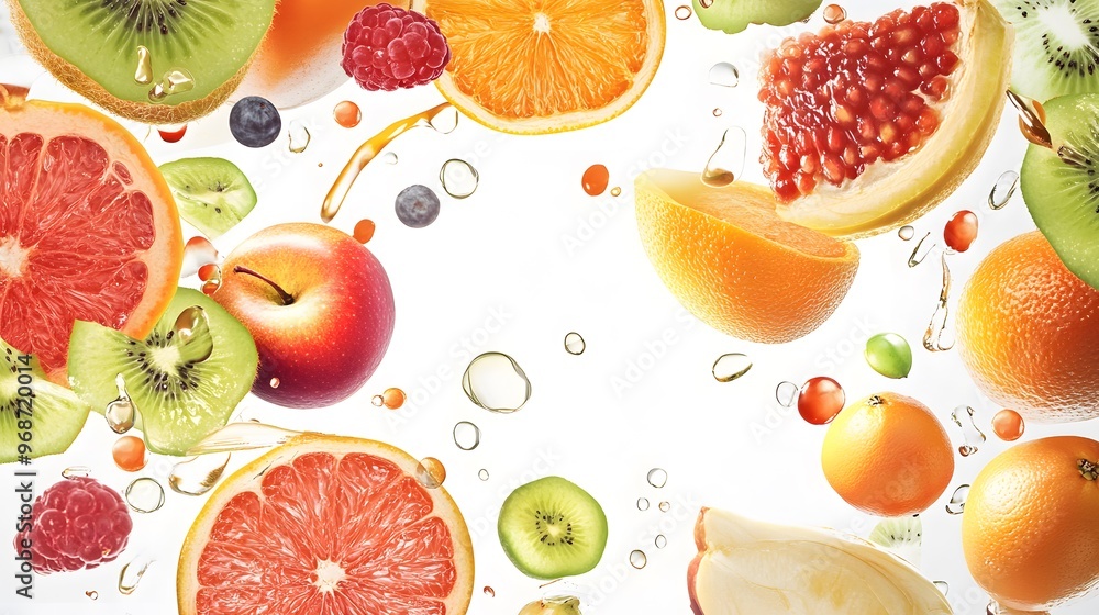 Sweet ripe fruits and berries on color background Sweet ripe fruits and berries on color background